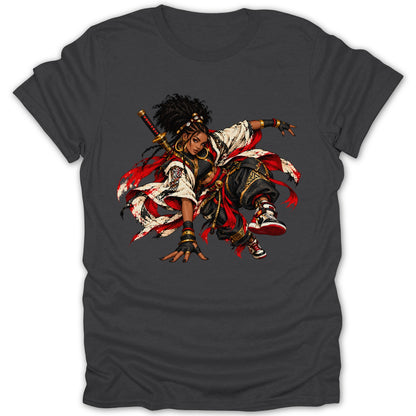 Dark grey t-shirt featuring a black woman in a dynamic pose with a katana and vibrant red and white clothing.