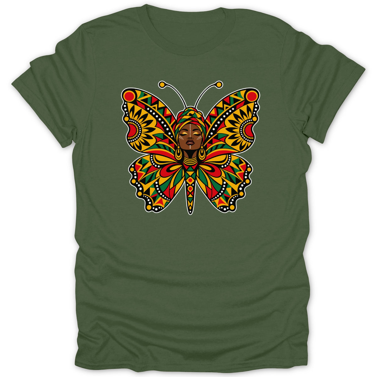 Butterfly design with African-inspired patterns and a woman's face on a green t-shirt.
