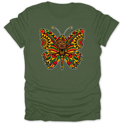 Butterfly design with African-inspired patterns and a woman's face on a green t-shirt.