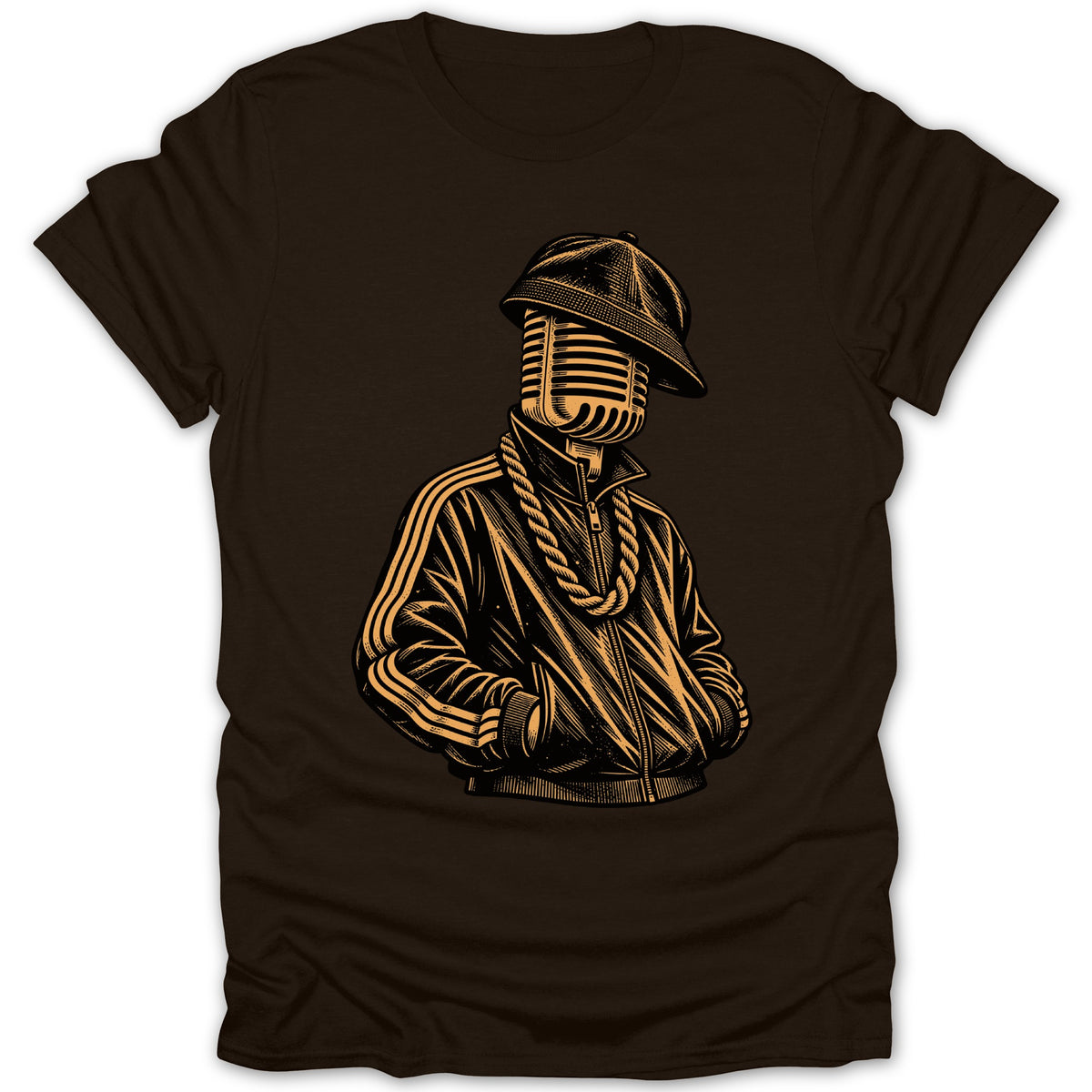 Brown t-shirt with illustration of microphone head wearing a hat and tracksuit.