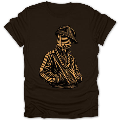 Brown t-shirt with illustration of microphone head wearing a hat and tracksuit.
