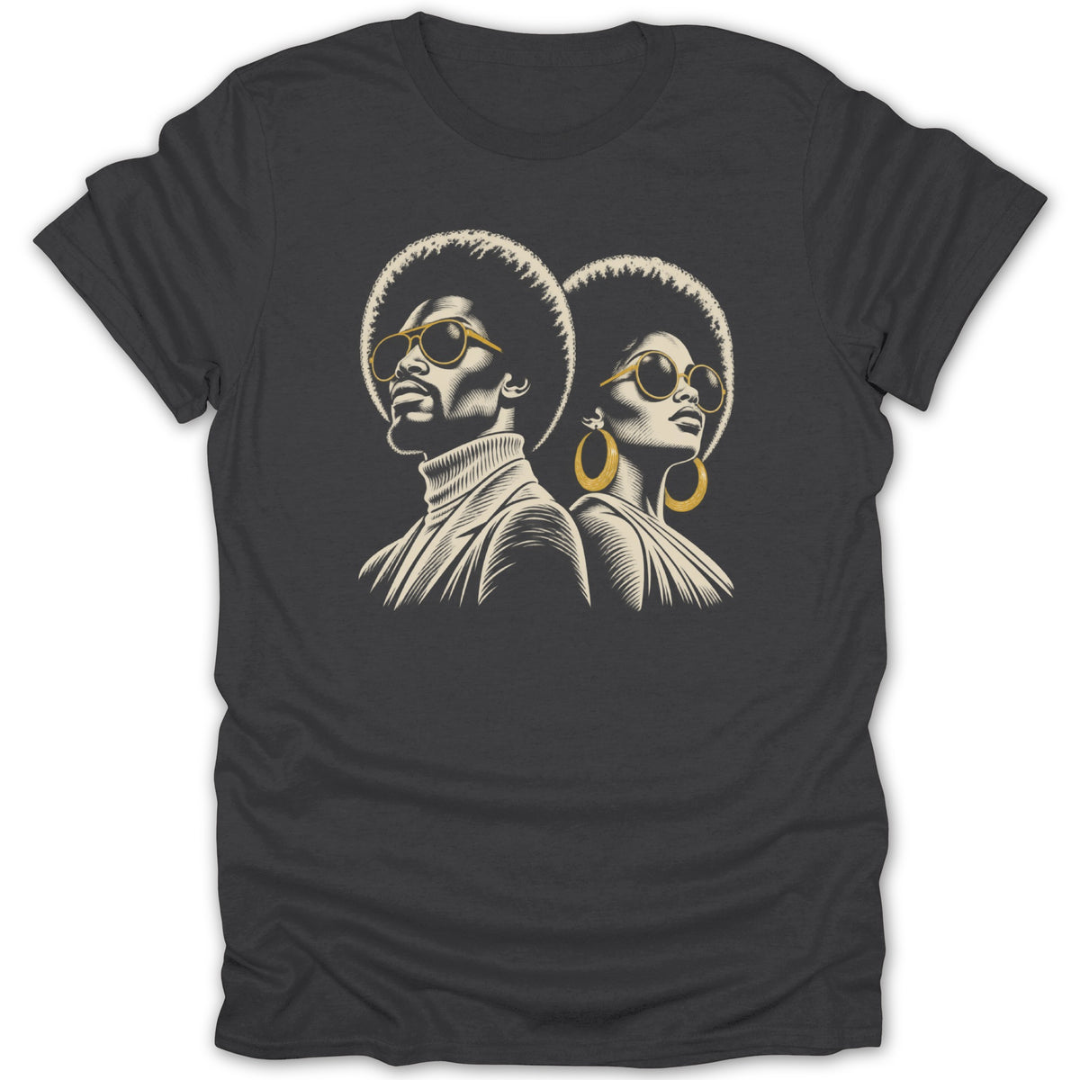 Dark gray t-shirt featuring a retro graphic of a man and woman with afros and sunglasses.