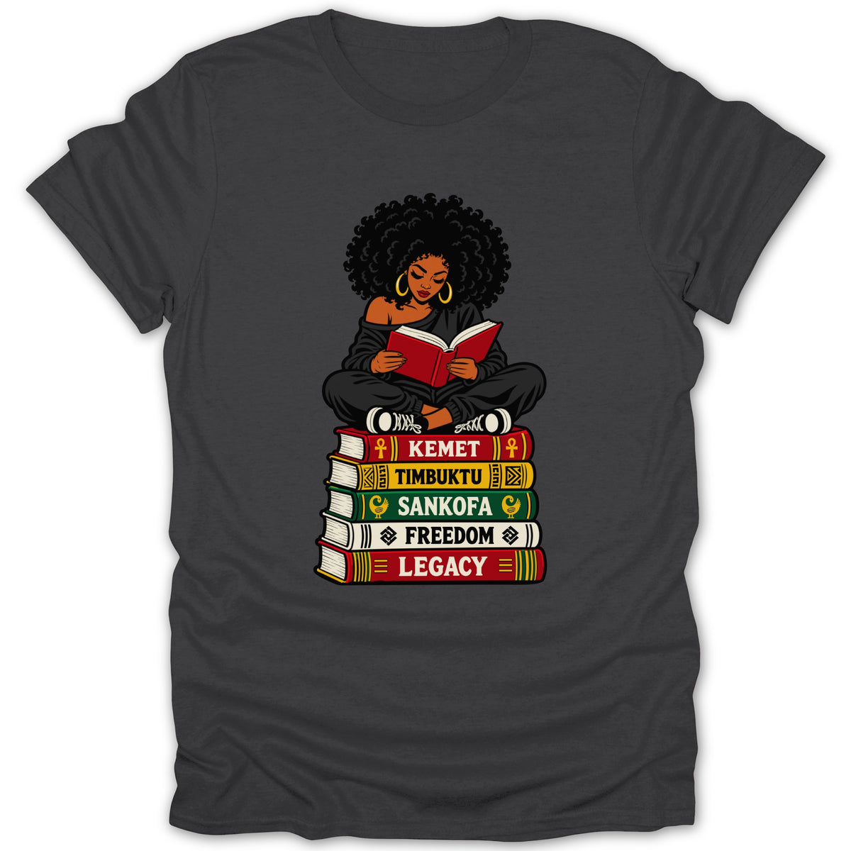 Illustration of a Black woman reading atop books labeled Kemet, Timbuktu, Sankofa, Freedom, and Legacy.
