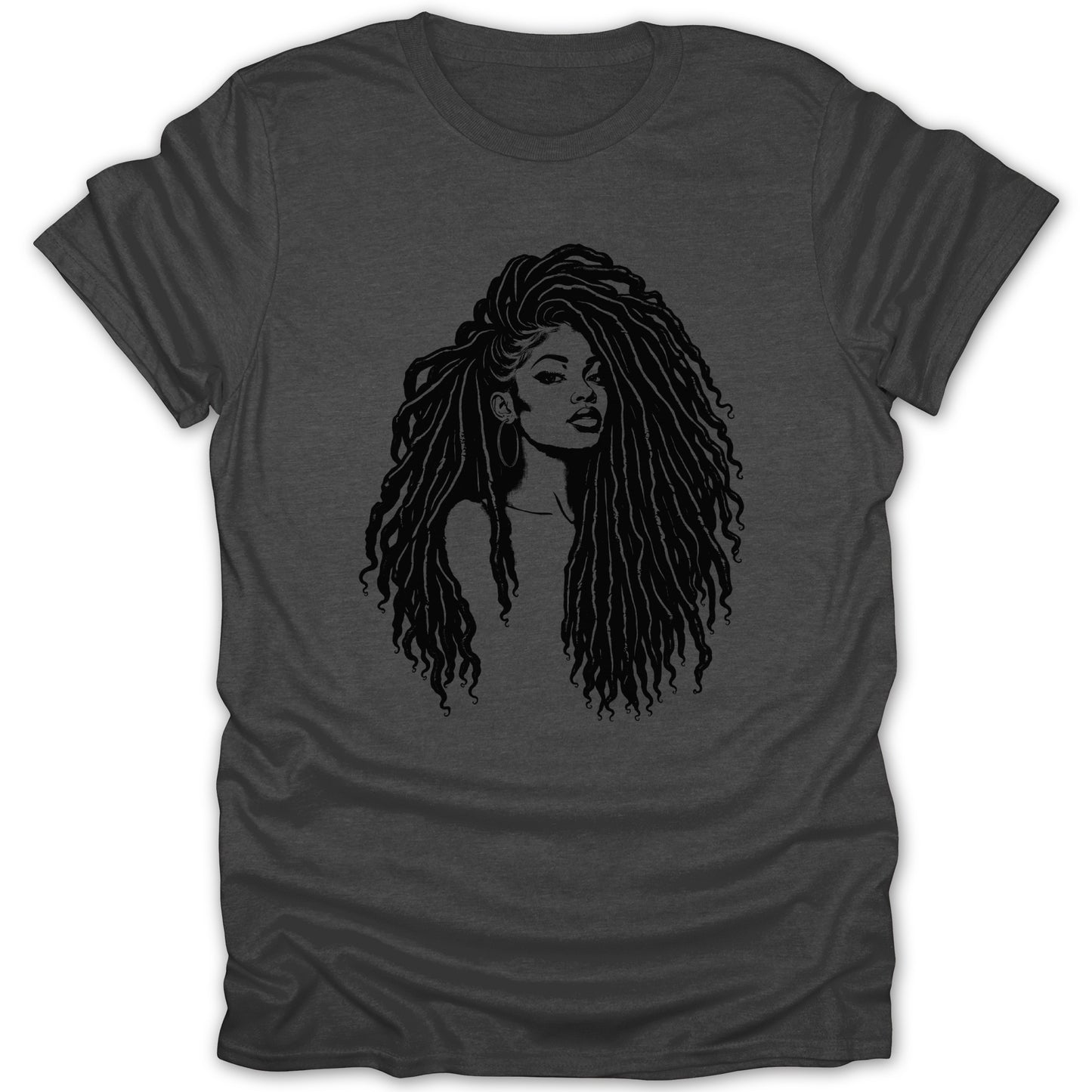 Black line art of a woman with long dreadlocks on a dark gray t-shirt.