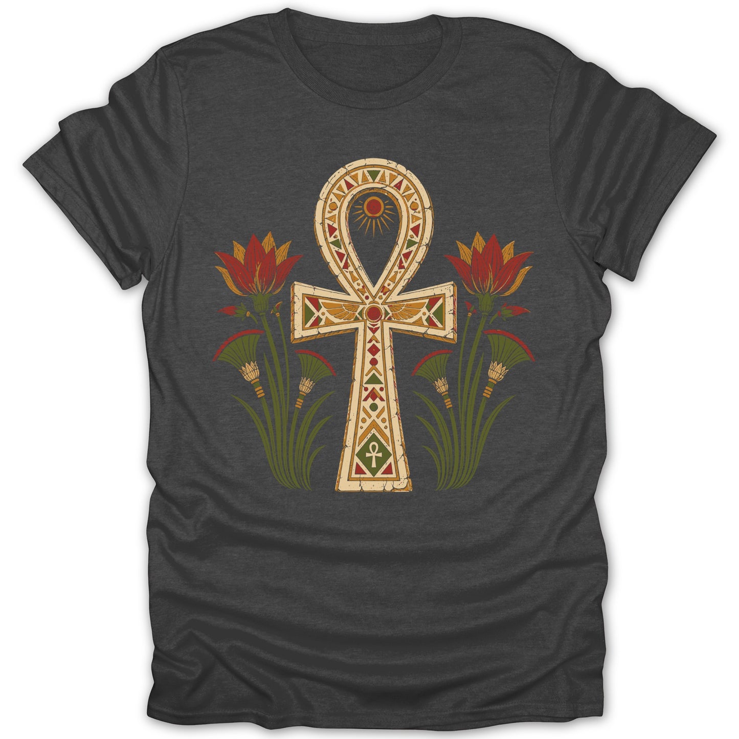 Dark grey t-shirt featuring an ornate Egyptian ankh symbol with lotus flowers.