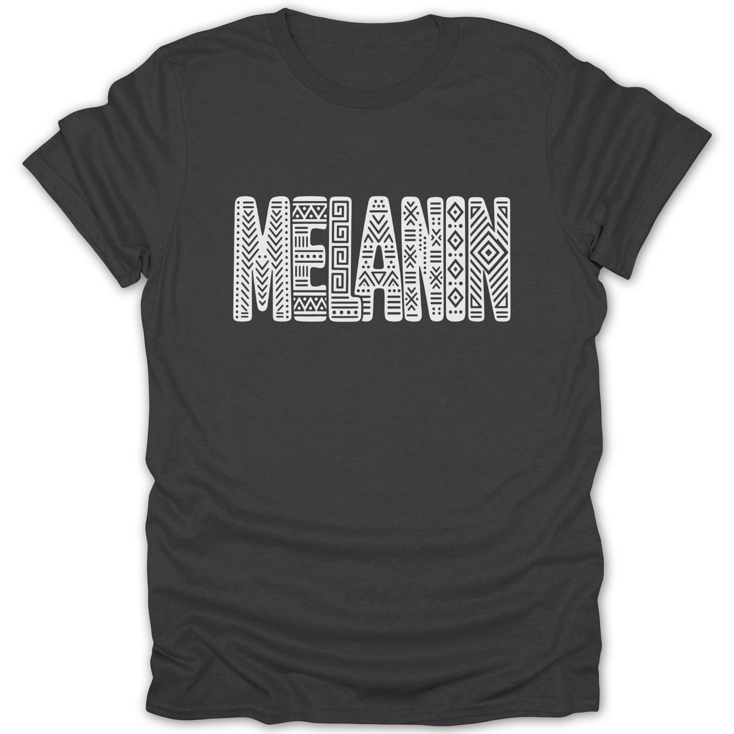 Dark grey t-shirt with white text "MELANIN" in patterned block letters.