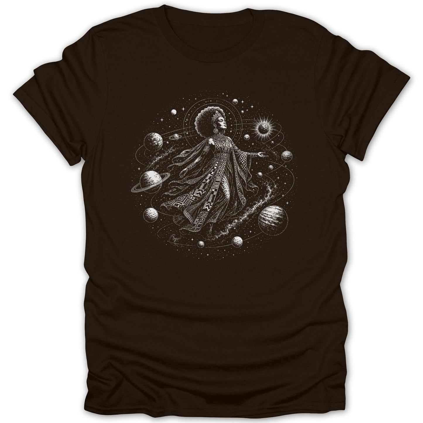 Woman with afro and crown in stylized cosmic print surrounded by planets and stars.
