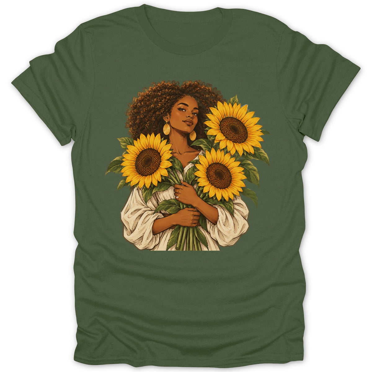 Illustration of a woman holding a bouquet of sunflowers on a green t-shirt.