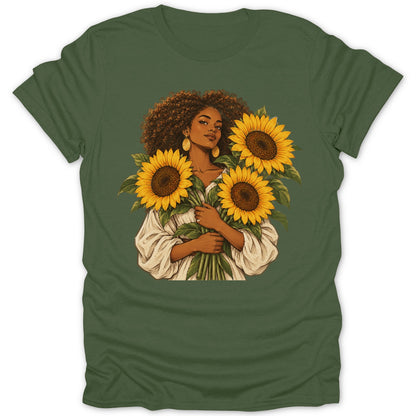 Illustration of a woman holding a bouquet of sunflowers on a green t-shirt.
