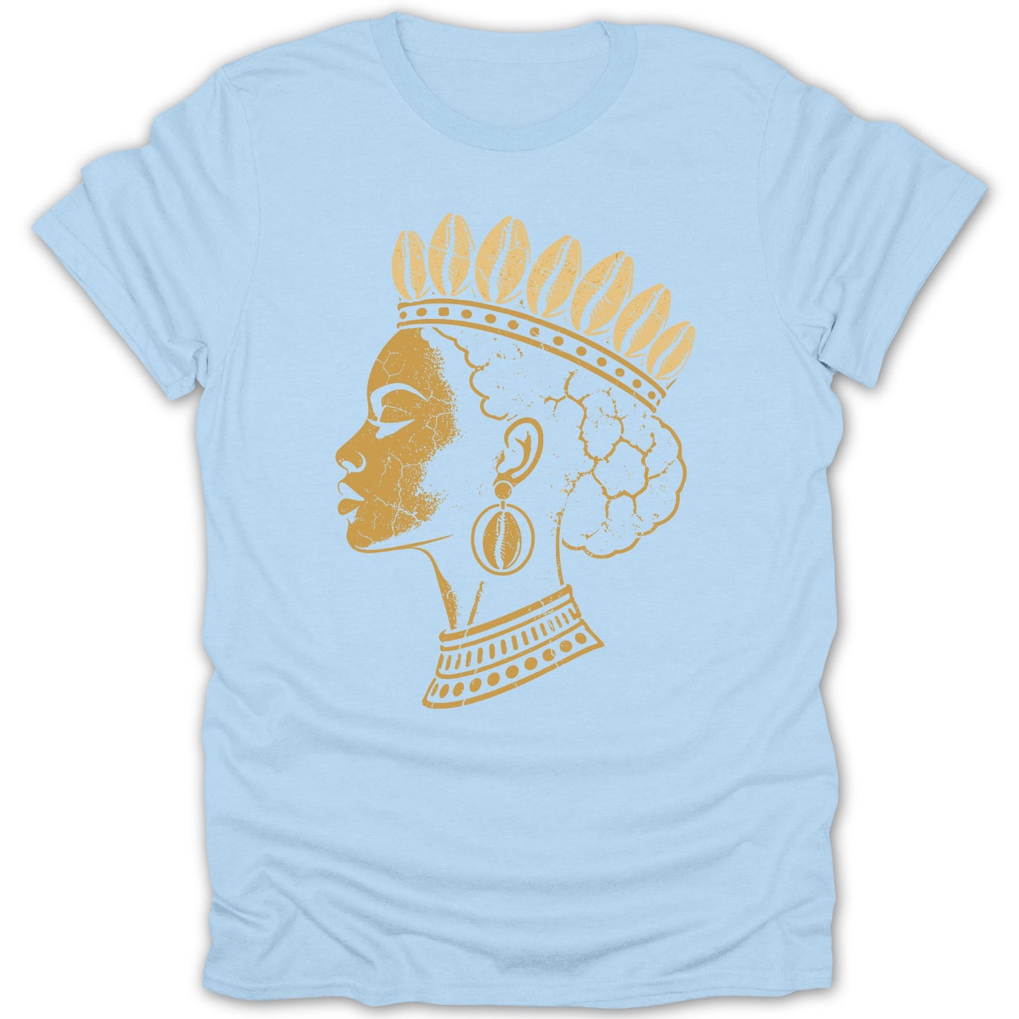 Gold profile of a Black woman wearing a crown and large earrings on a blue t-shirt.