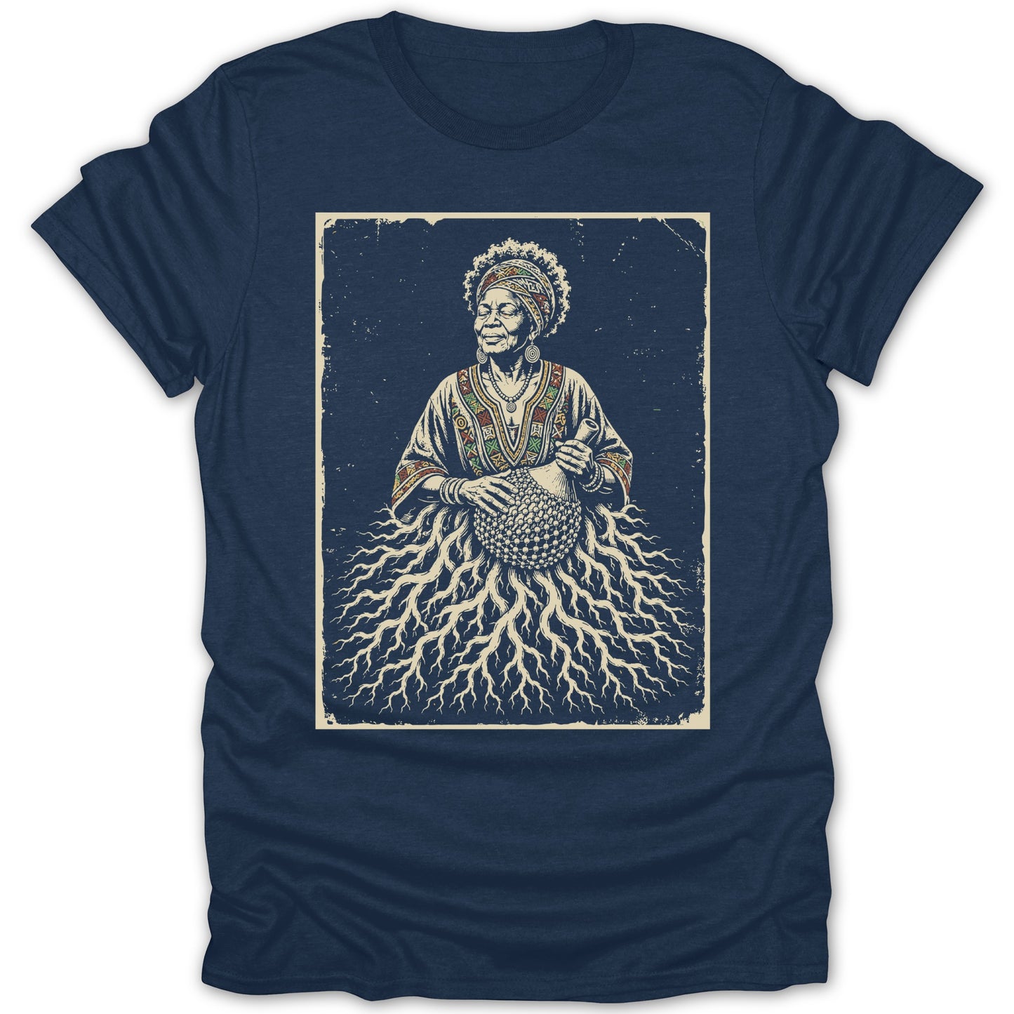 Illustration of an elder woman with beaded roots for a skirt, holding a maraca.