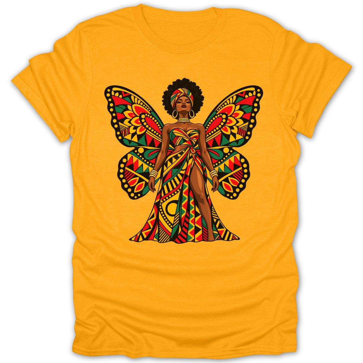 Woman with butterfly wings wearing a colorful patterned dress and headwrap.