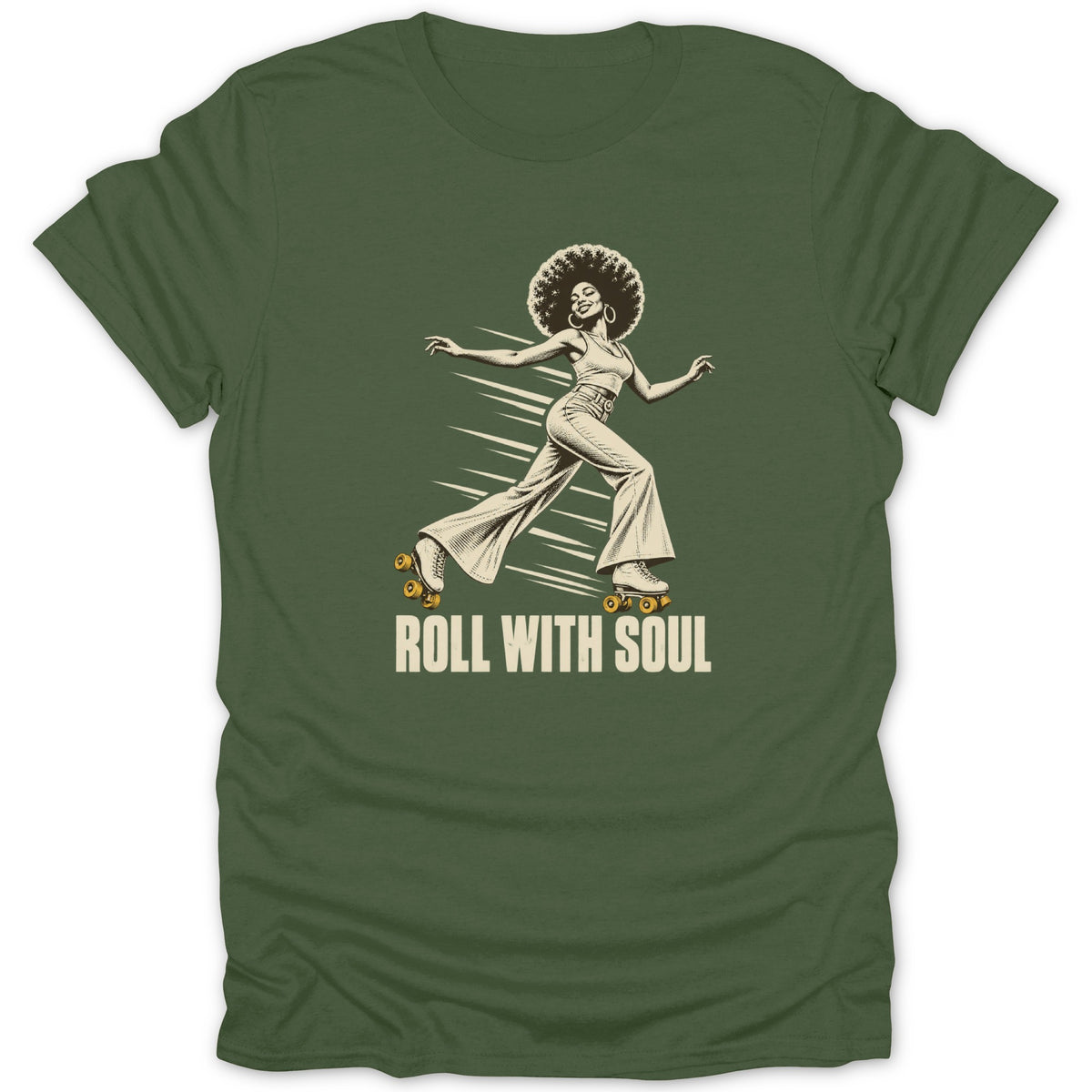 Dark green t-shirt featuring a retro graphic of a woman roller skating with the text ROLL WITH SOUL.
