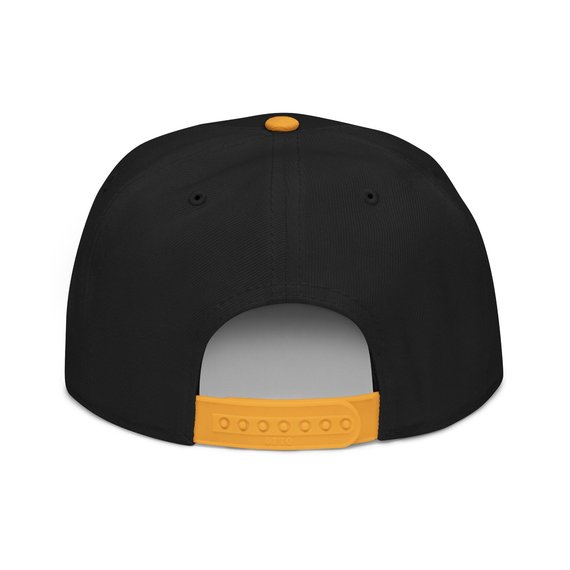Black snapback hat with orange button and strap details.