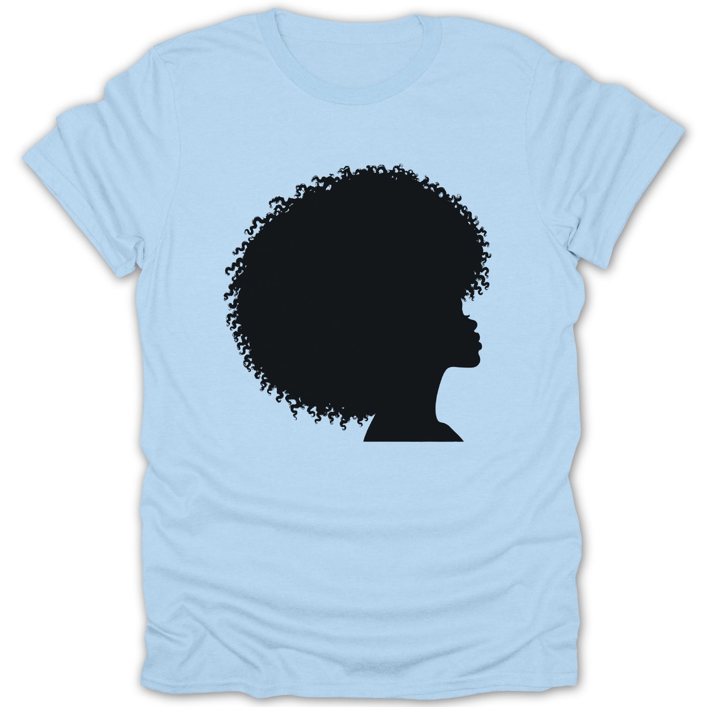 Light blue t-shirt with black silhouette of a woman with an afro.