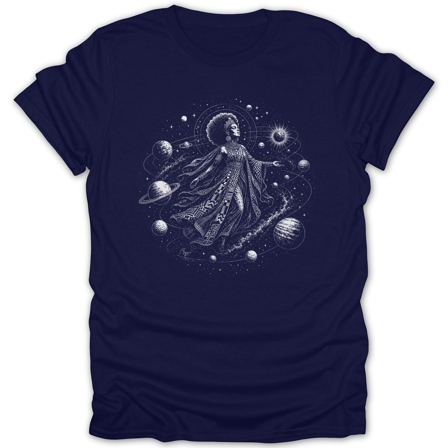 Woman in ornate dress and crown floating among planets, stars, and a sun.