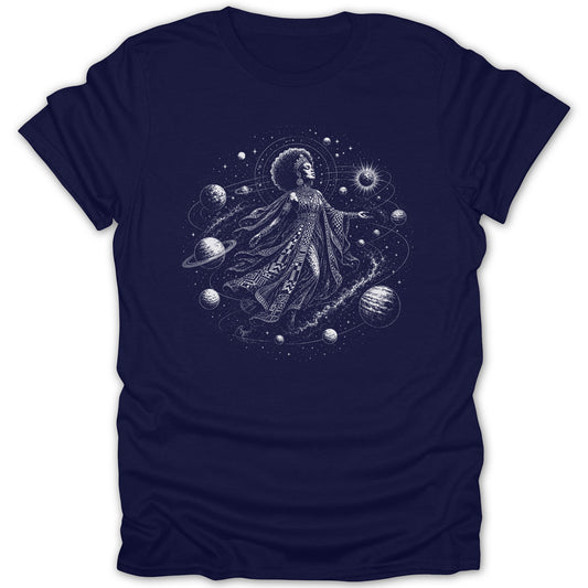 Woman in ornate dress and crown floating among planets, stars, and a sun.