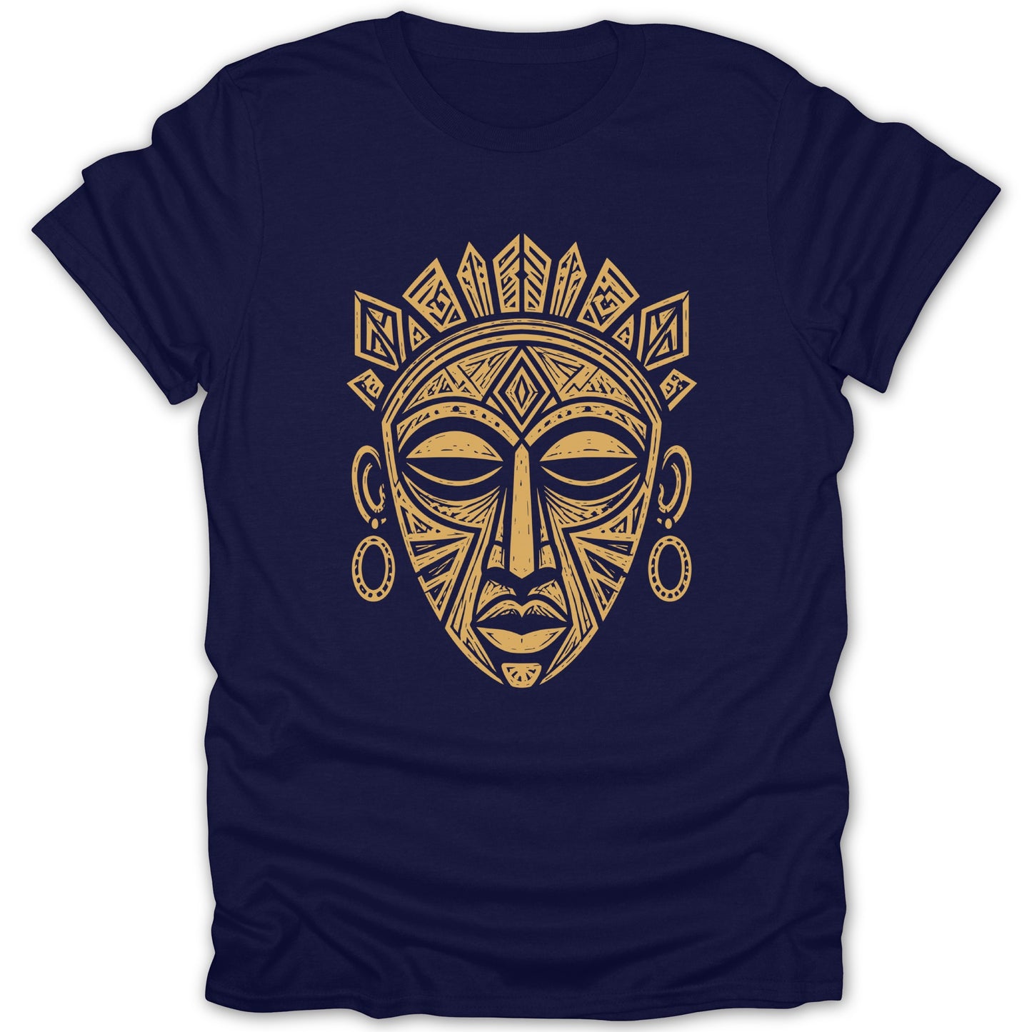 Navy t-shirt with a gold tribal mask design on the front.