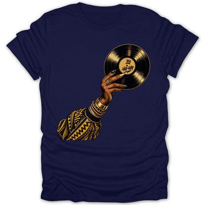 Dark blue t-shirt with a graphic of a hand holding a vinyl record labeled "HIP HOP".