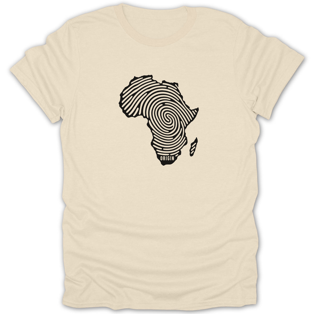 A cream-colored t-shirt with a black graphic of the continent of Africa filled with fingerprint patterns and the word origin at the bottom.