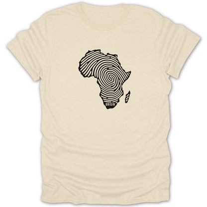 A cream-colored t-shirt with a black graphic of the continent of Africa filled with fingerprint patterns and the word origin at the bottom.