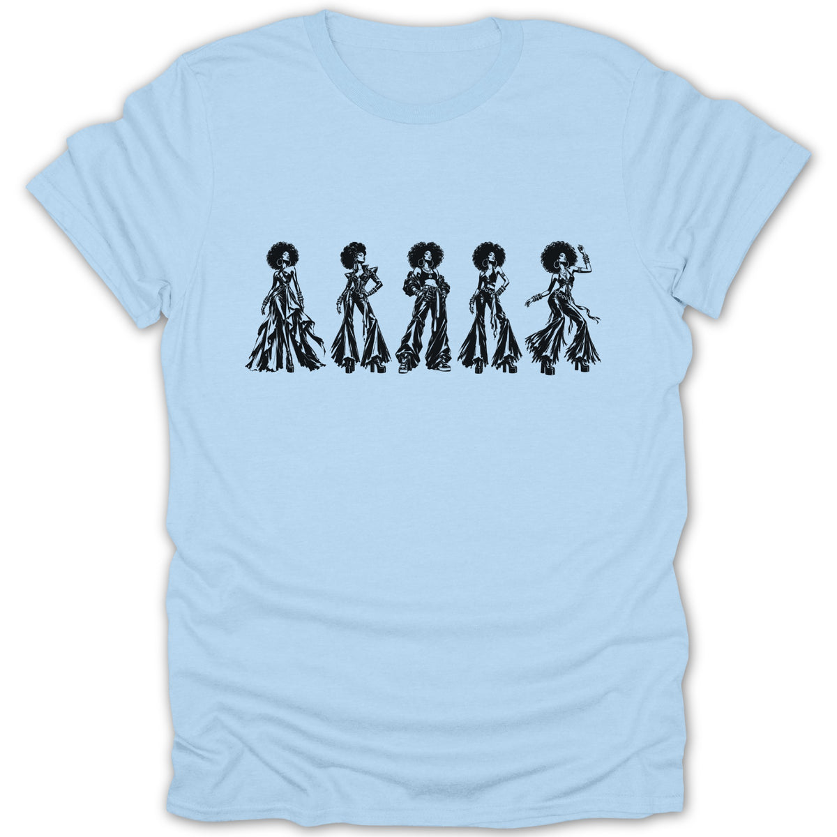 Five women with afro hairstyles in stylish outfits on a light blue t-shirt.