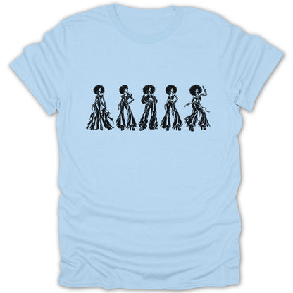 Five women with afro hairstyles in stylish outfits on a light blue t-shirt.