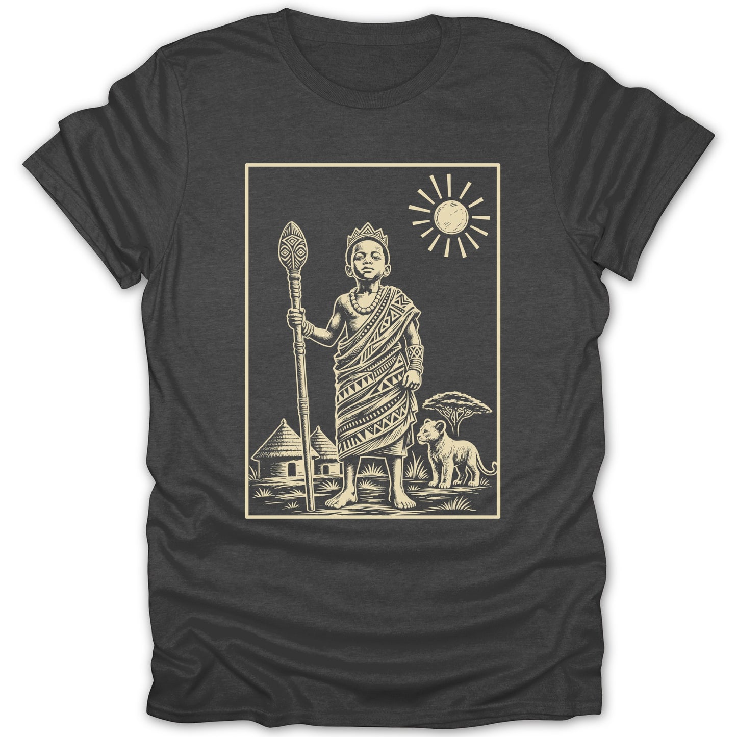 Illustration of a crowned boy in traditional clothing holding a staff next to a lion.