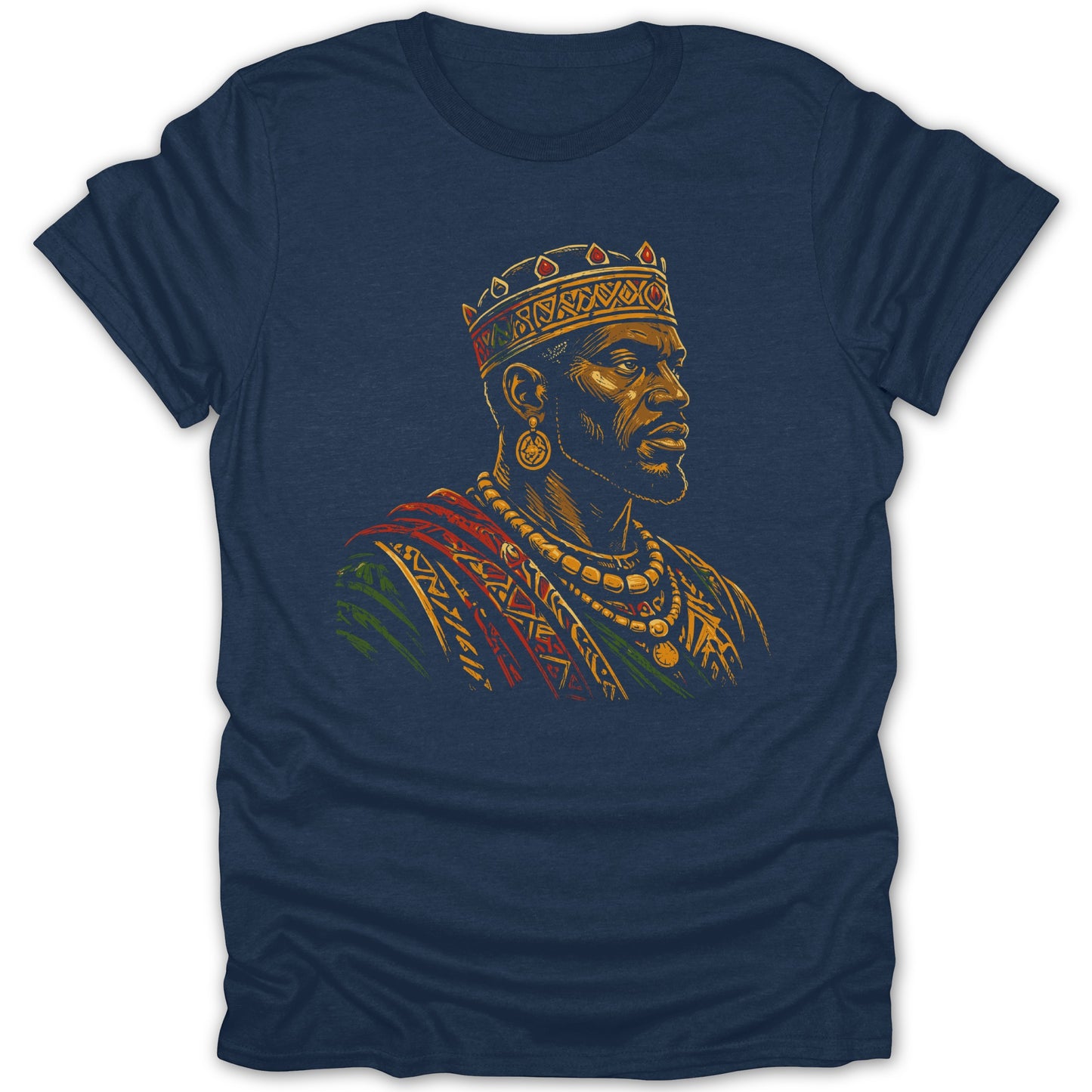 Illustration of a king wearing a crown and jewelry on a navy t-shirt.