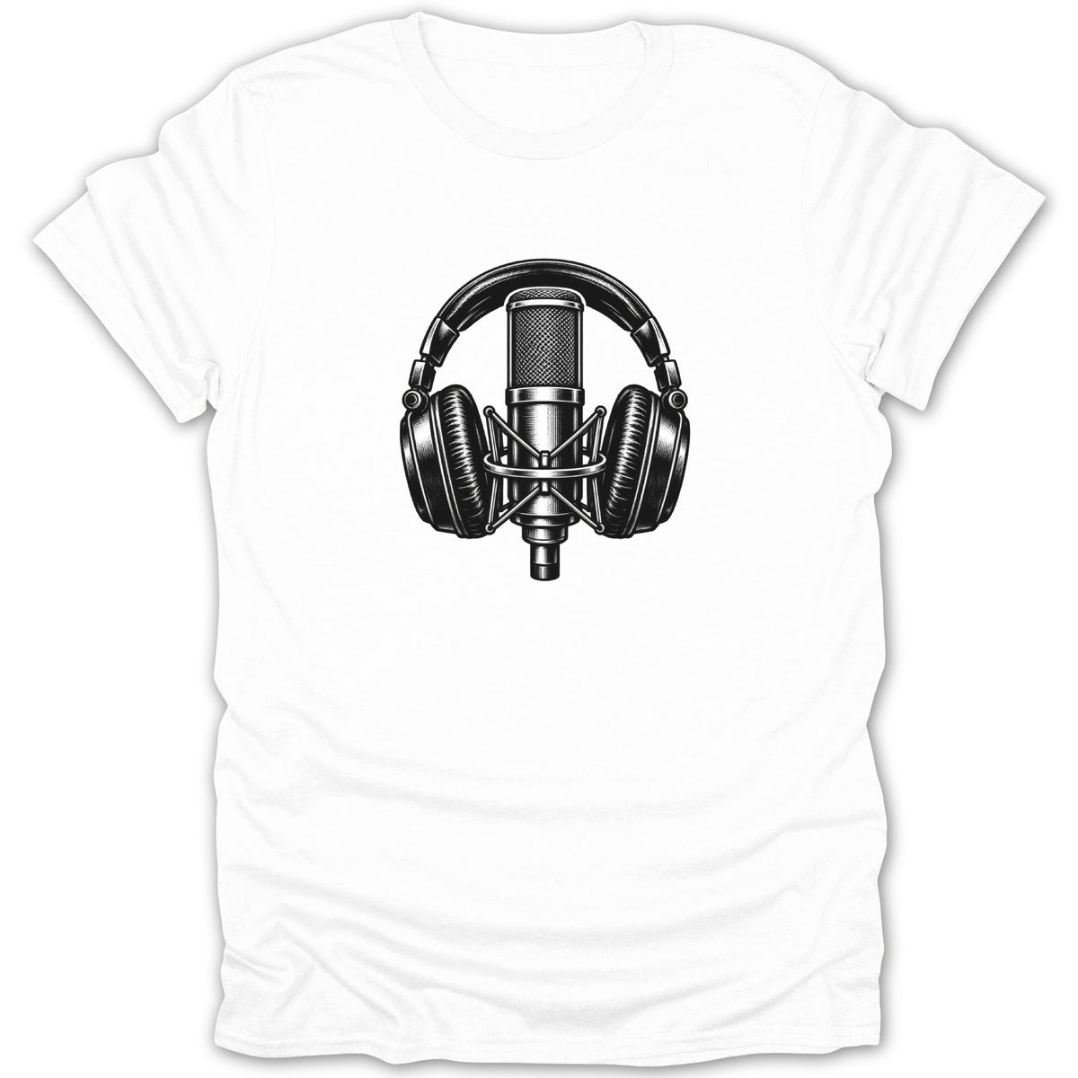 Black and white illustration of headphones over a microphone on a white t-shirt.