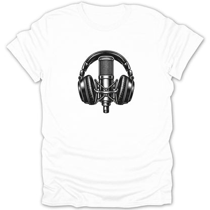 Black and white illustration of headphones over a microphone on a white t-shirt.