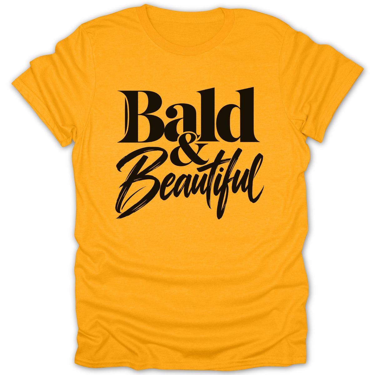 Yellow t-shirt with black text that reads "Bald & Beautiful"