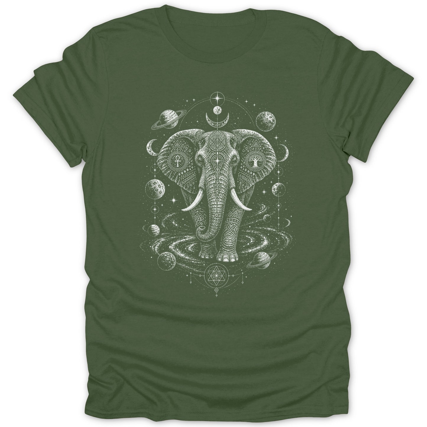 T-shirt with white celestial elephant design surrounded by planets and moons.