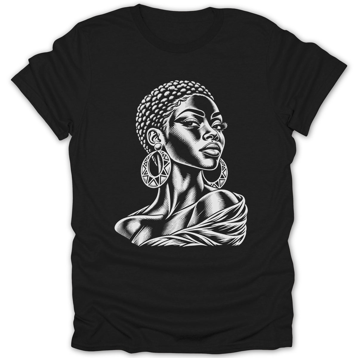 Black t-shirt with a white line art portrait of a woman with large hoop earrings.