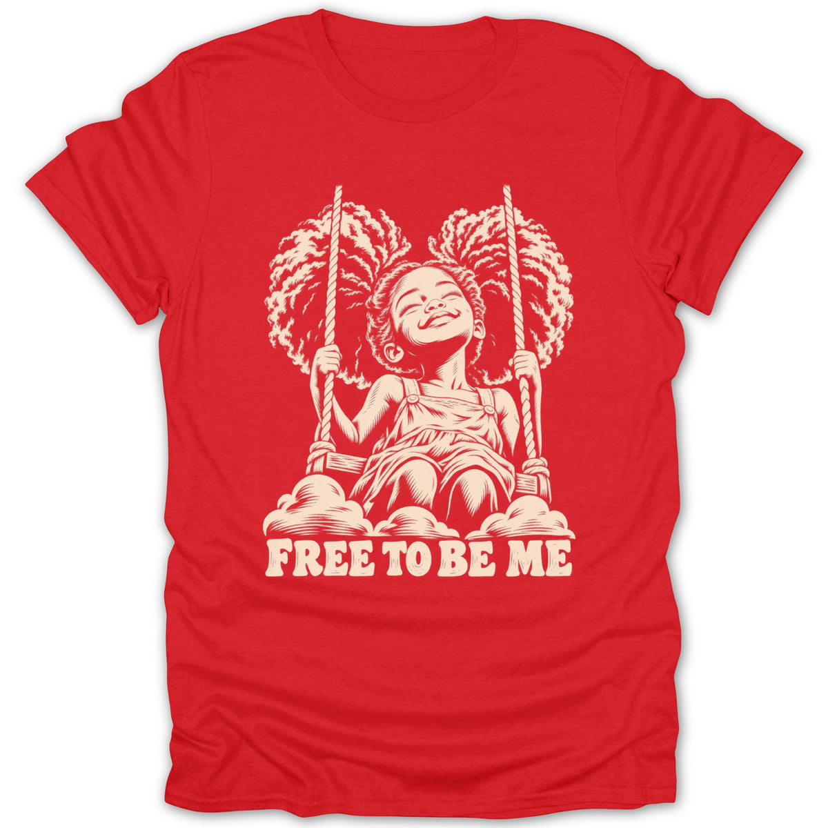 Girl on a swing with text "FREE TO BE ME" in beige on red shirt.