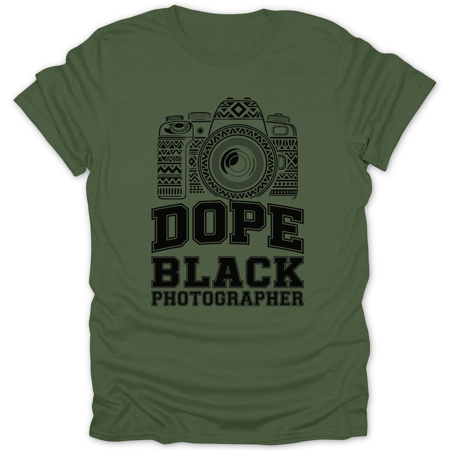 Green t-shirt with black graphic of camera and text "Dope Black Photographer".