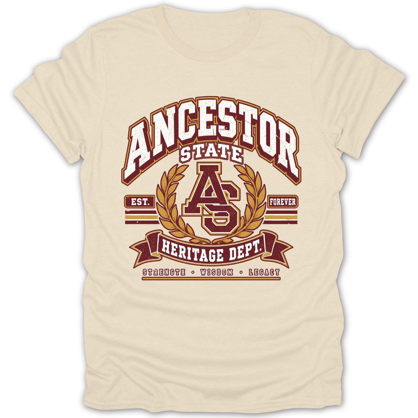 Cream t-shirt with "Ancestor State Heritage Dept." graphic and laurels.