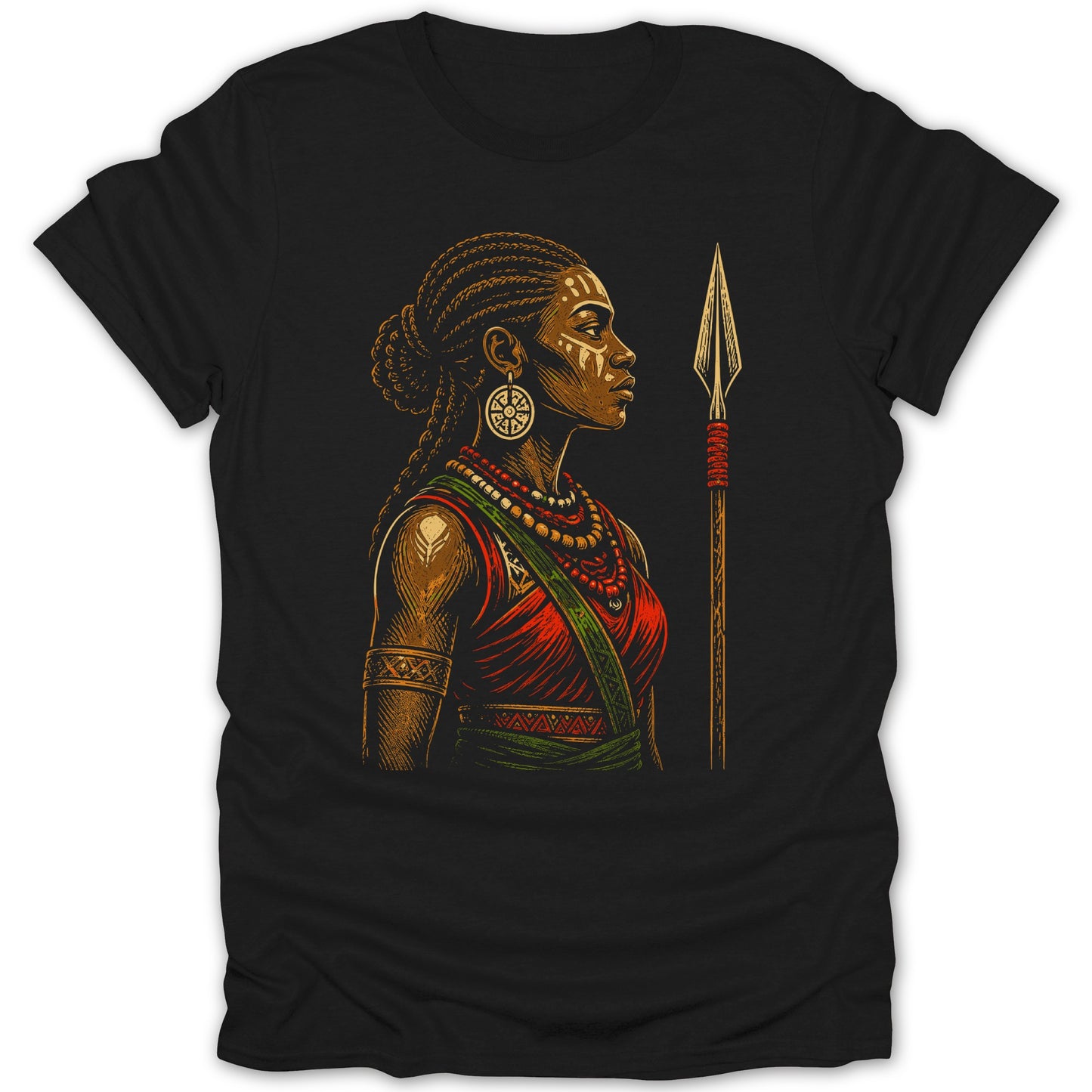 Illustration of a woman with braided hair and body paint holding a spear.
