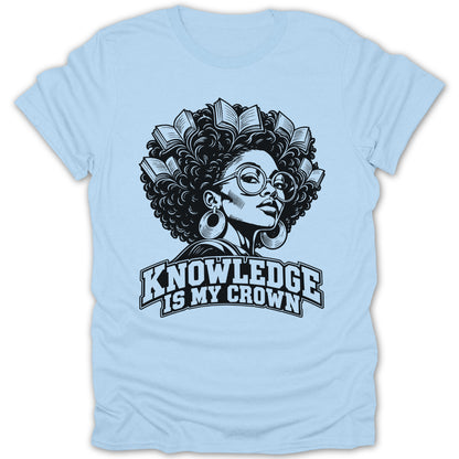 Black and white graphic of woman with books in her hair, "KNOWLEDGE IS MY CROWN" text.