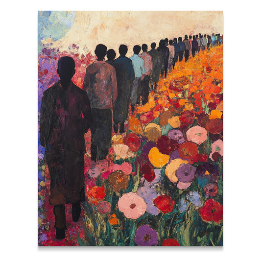 Colorful painting people walking in flower field art product