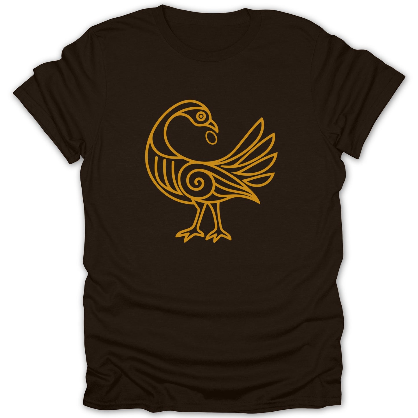 Brown t-shirt with a golden outline of a stylized bird with swirling details.