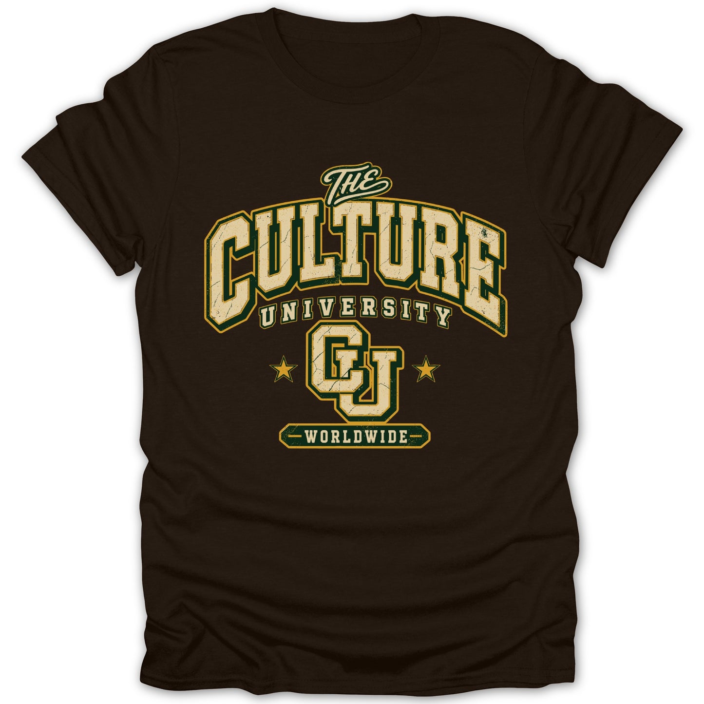 Brown t-shirt with distressed text reading "The Culture University GJ Worldwide."