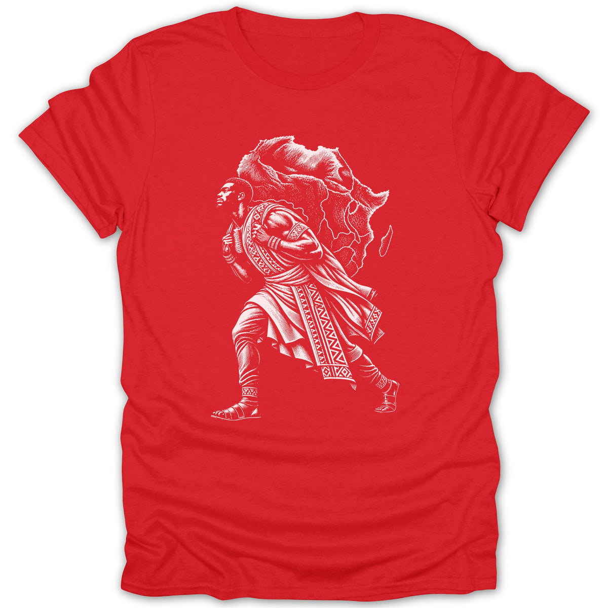 White illustration of a man carrying the continent of Africa on his back on a red t-shirt.