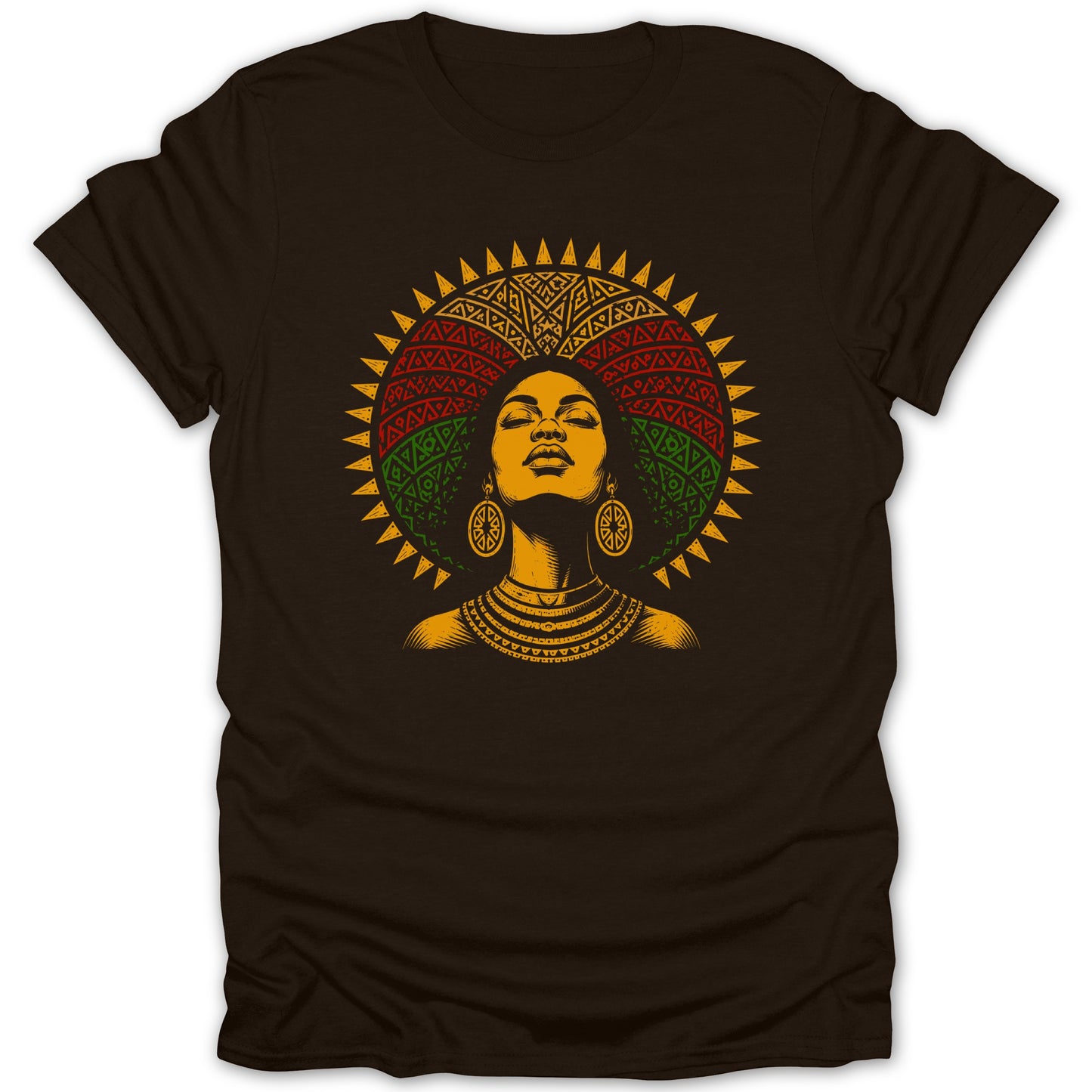 Brown t-shirt with graphic of a woman with a sun-like headdress and jewelry.