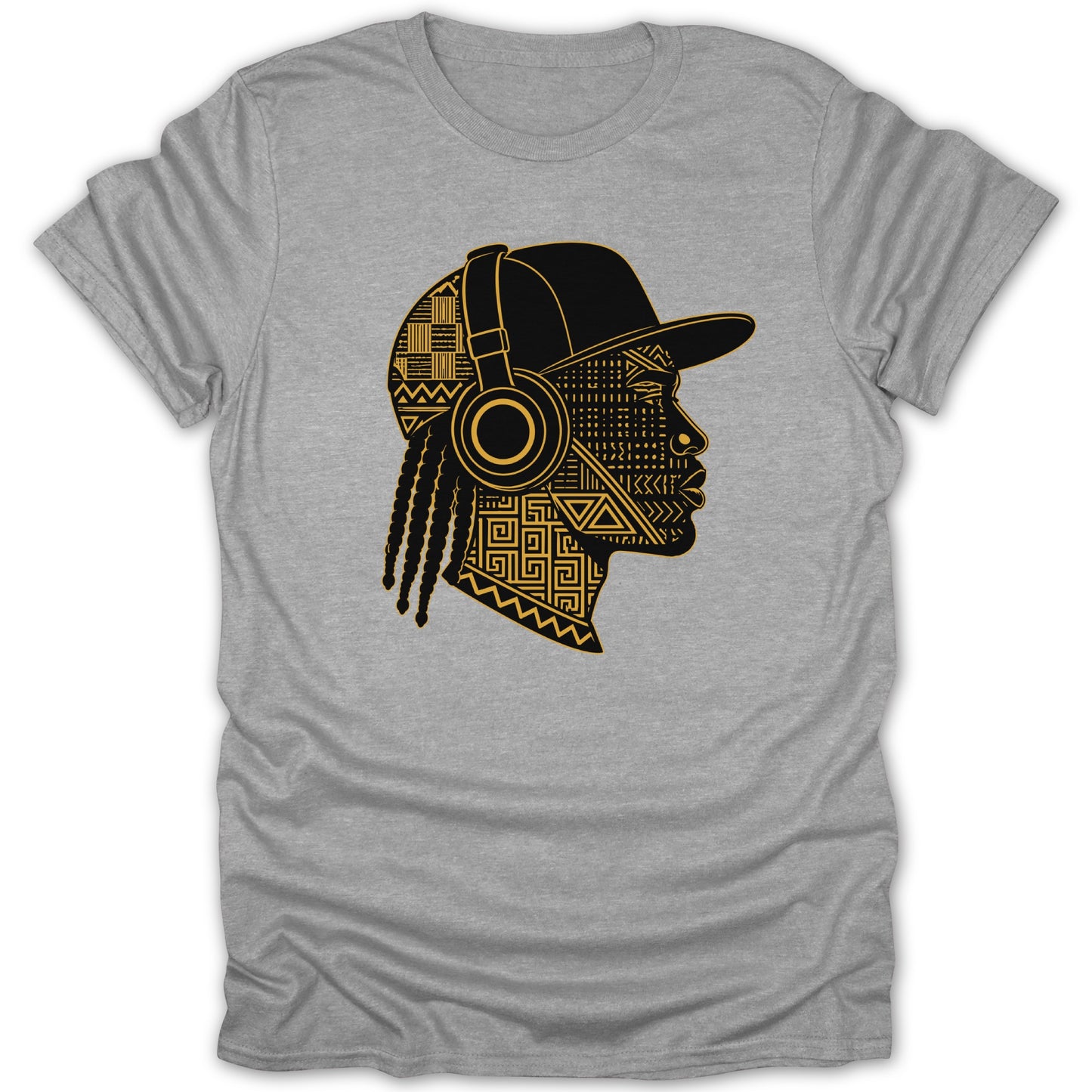 Grey t-shirt with black and gold geometric pattern profile of person wearing headphones.