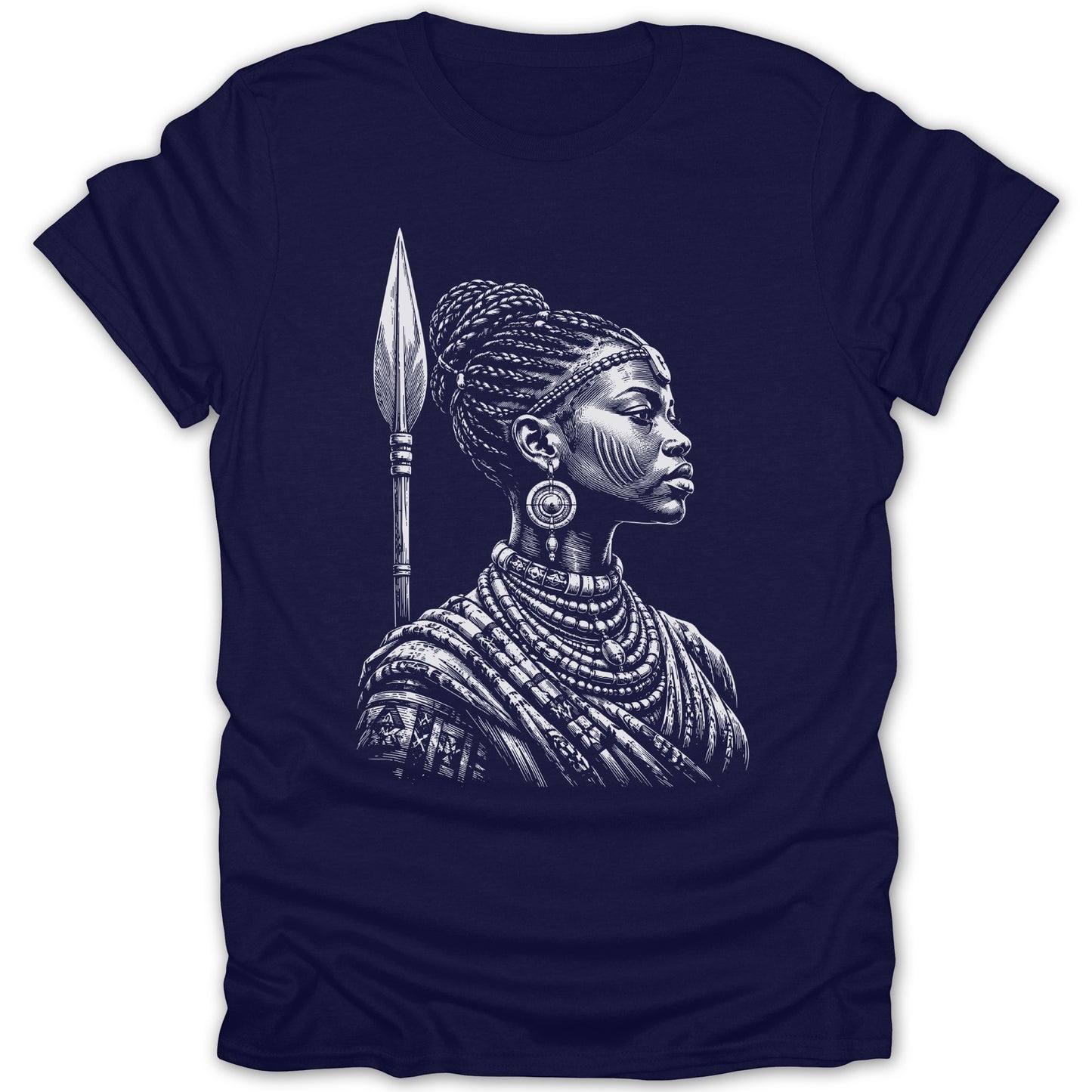Navy t-shirt with white ink sketch of a warrior woman holding a spear.