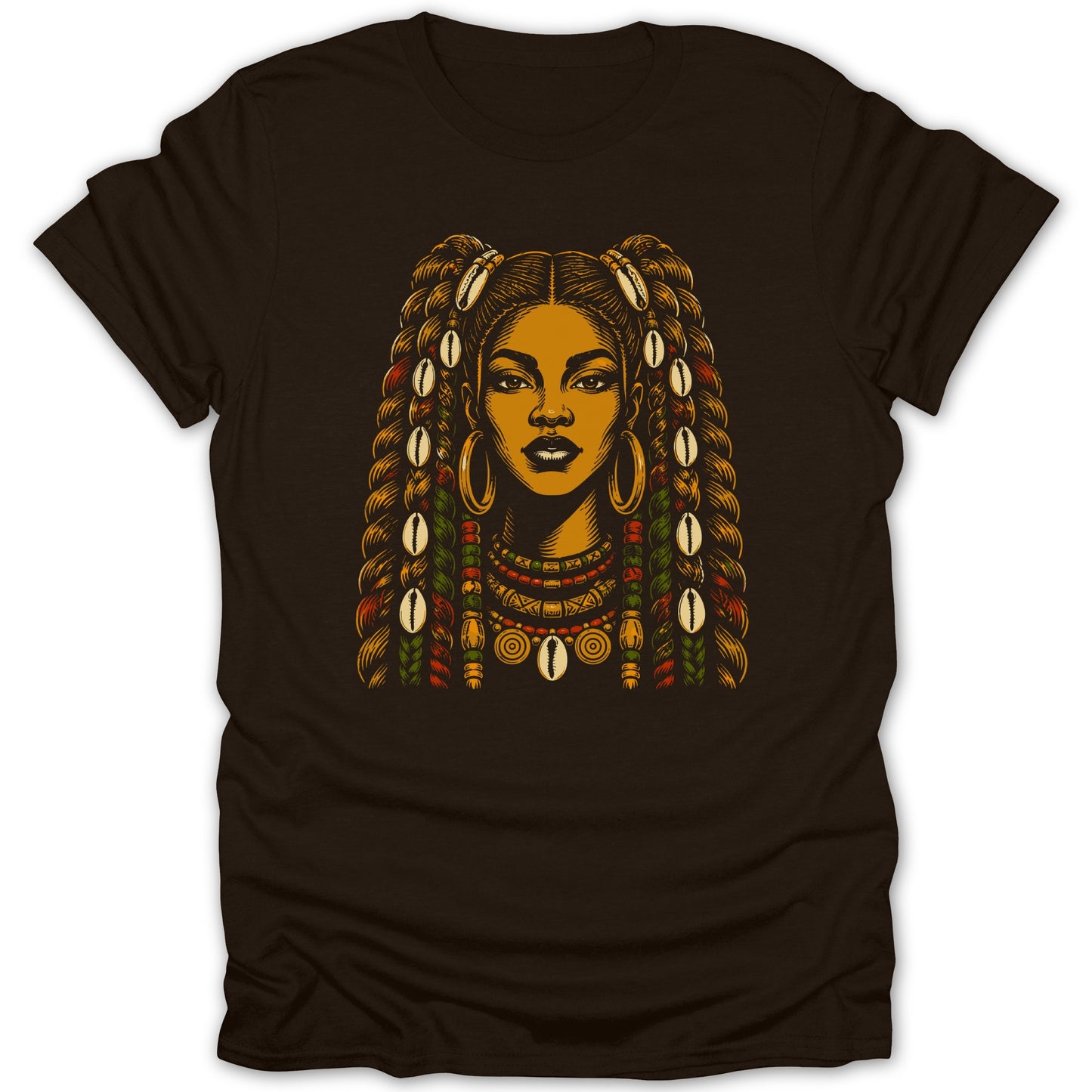 T-shirt with illustration of a Black woman with braided hair adorned with shells and beads.