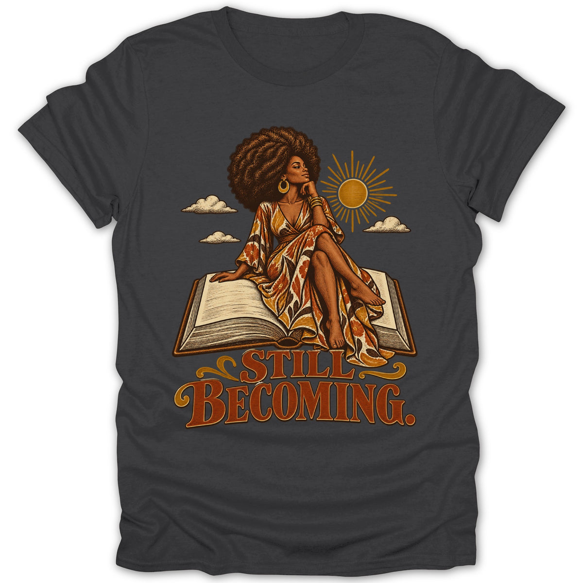 Woman with afro sitting on open book, text "STILL BECOMING.", sun and clouds.