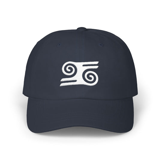 Navy blue baseball cap with white scrollwork logo.