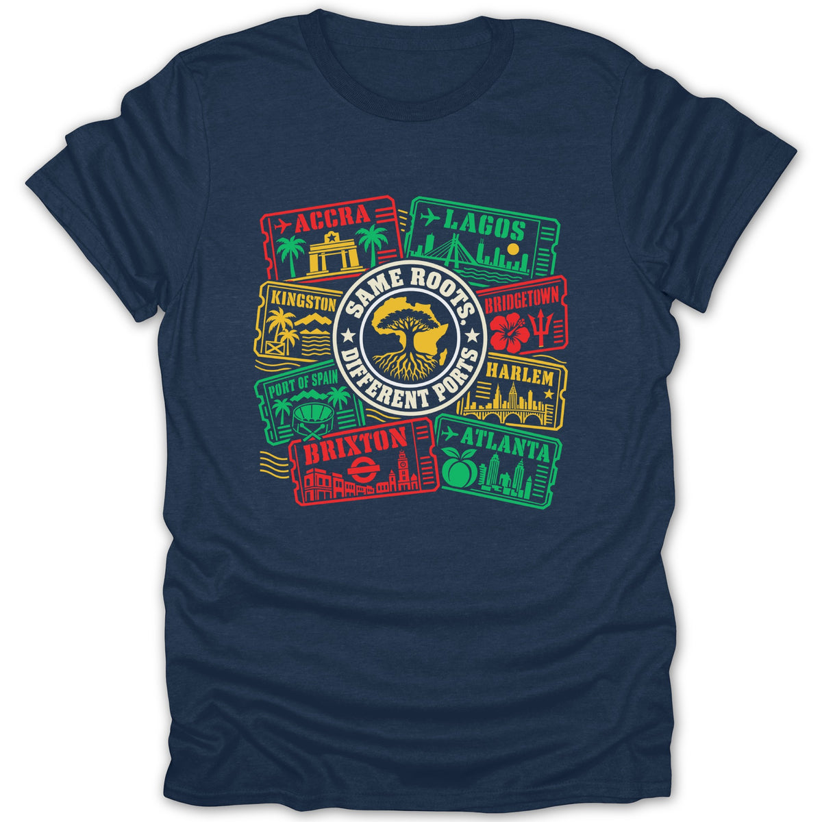 Navy t-shirt with "Same Roots, Different Ports" design featuring cities and landmarks.